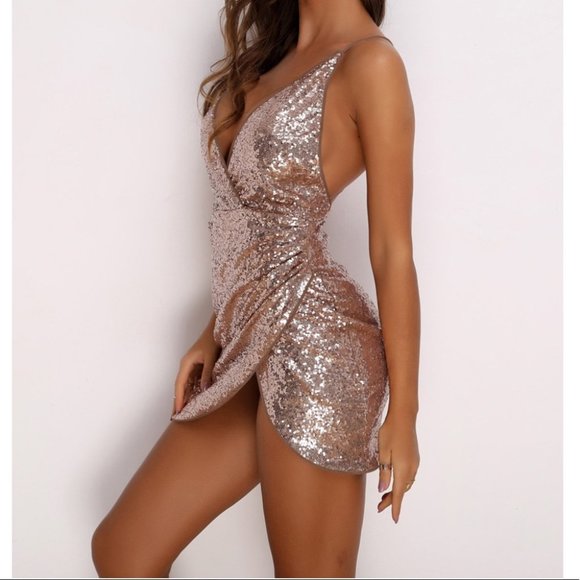 Very Sexy Glam Rose Gold Sequin Strappy Mini Dress - Picture 1 of 6